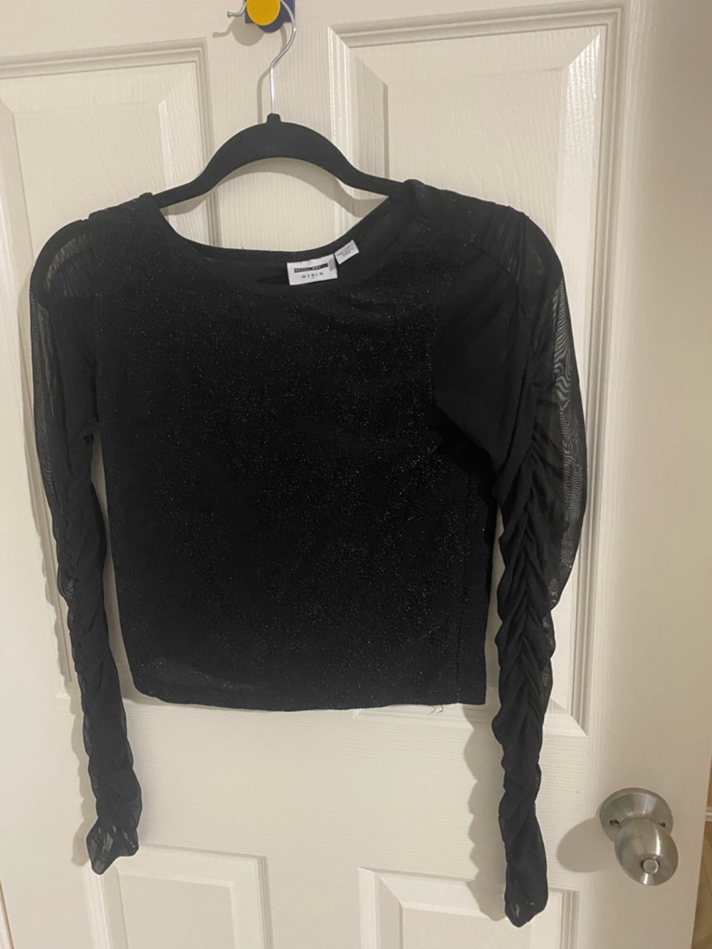 Noisy May Black Sheer Ruched-Sleeve Long Sleeve Top